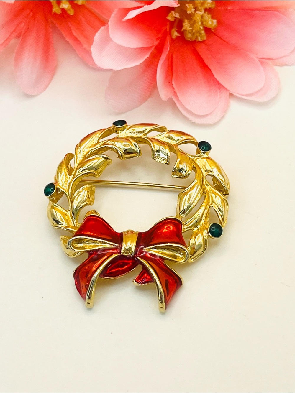 Gold Tone Wreath Brooch with Red Enamel Bow